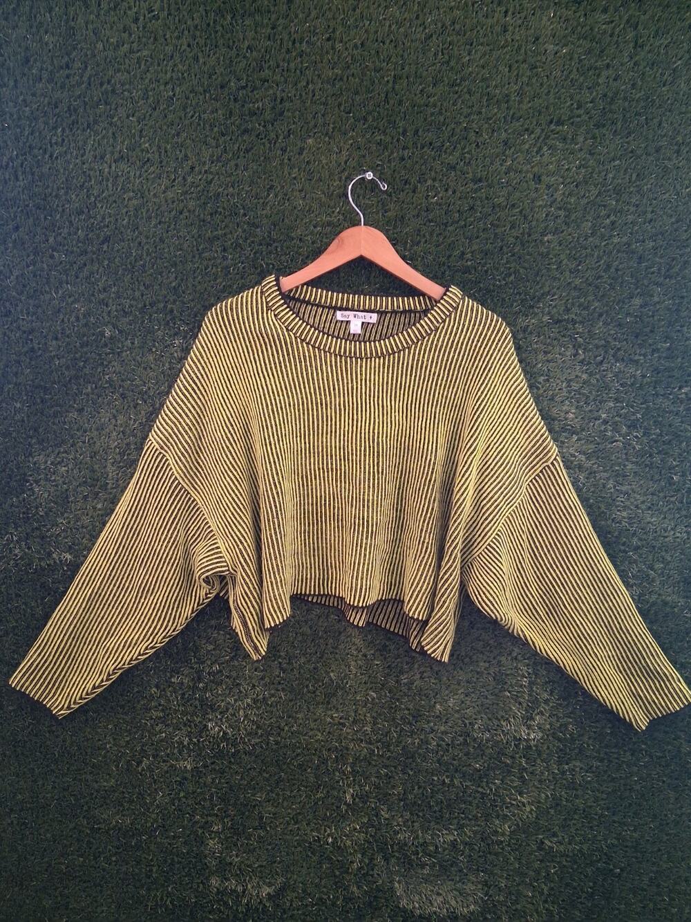 Say What? Plus Size 3X Cropped Sweater Ribbed Striped Yellow Black Knit